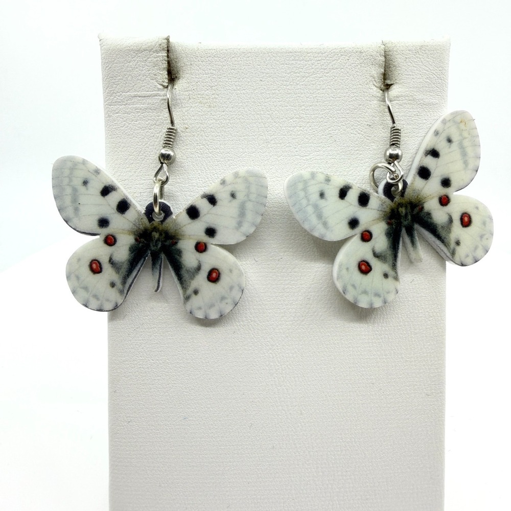 Vintage Y2K White Acrylic Butterfly Dangle Earrings Red Black Spotted Whimsigoth